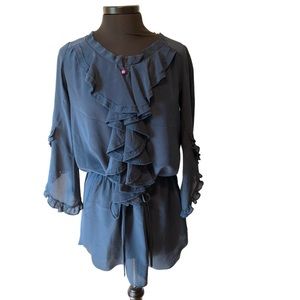 Rebecca Taylor 100% Silk Mini Dress Waterfall Ruffle Navy Blue Tunic